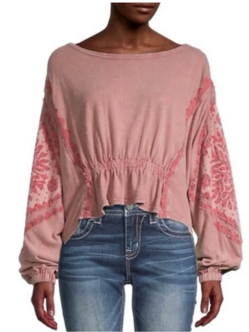 Free People Boho Peasant Top NWT Medium Pink Floral Panel Balloon Sleeve